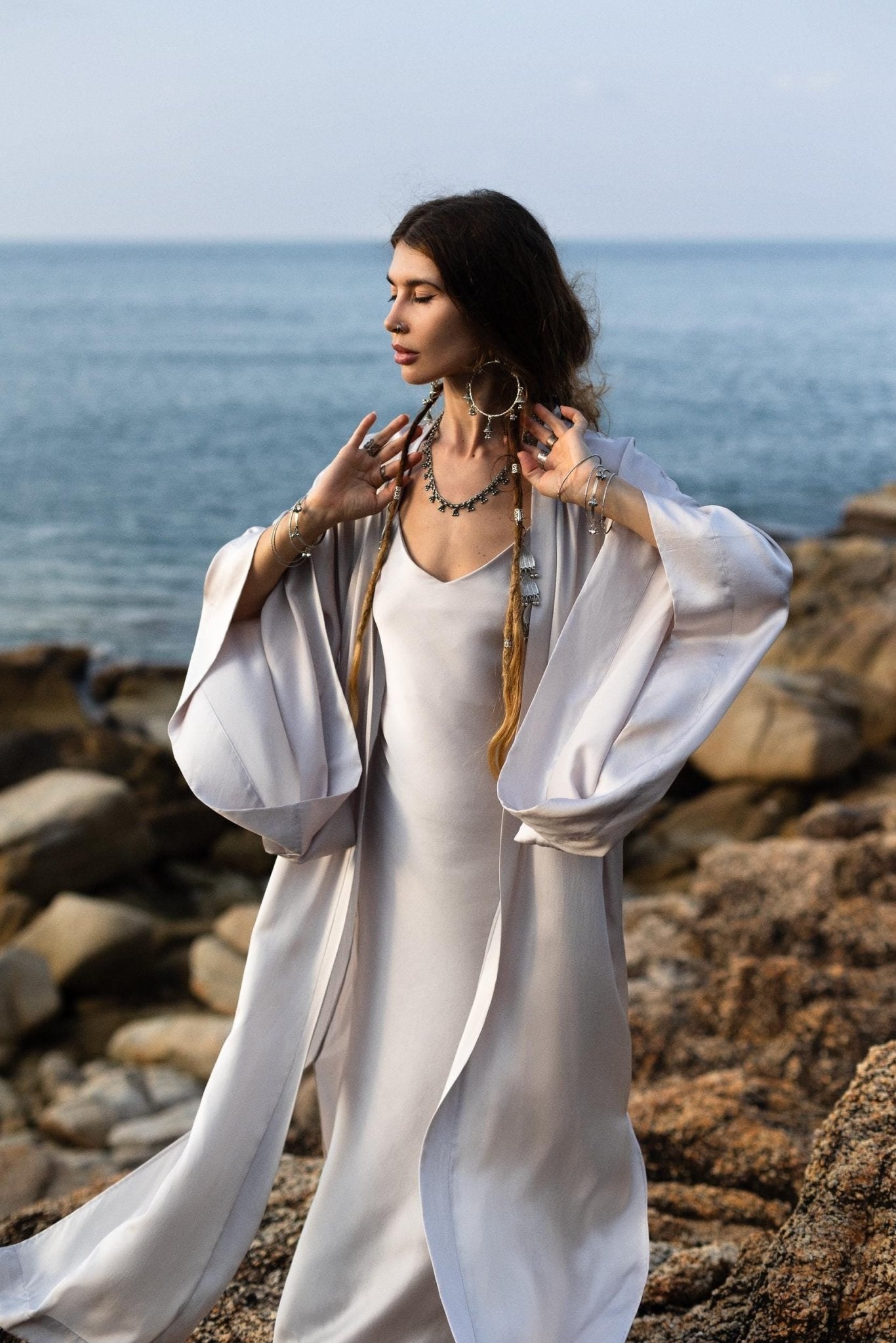 Mist Blue Ahimsa Peace Silk Long Robe Kimono, Floor - Length Maxi Boho Sustainable Fashion, Handmade Bali Ethical Wear - AYA Sacred Wear
