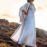 Mist Blue Ahimsa Peace Silk Long Robe Kimono, Floor - Length Maxi Boho Sustainable Fashion, Handmade Bali Ethical Wear - AYA Sacred Wear