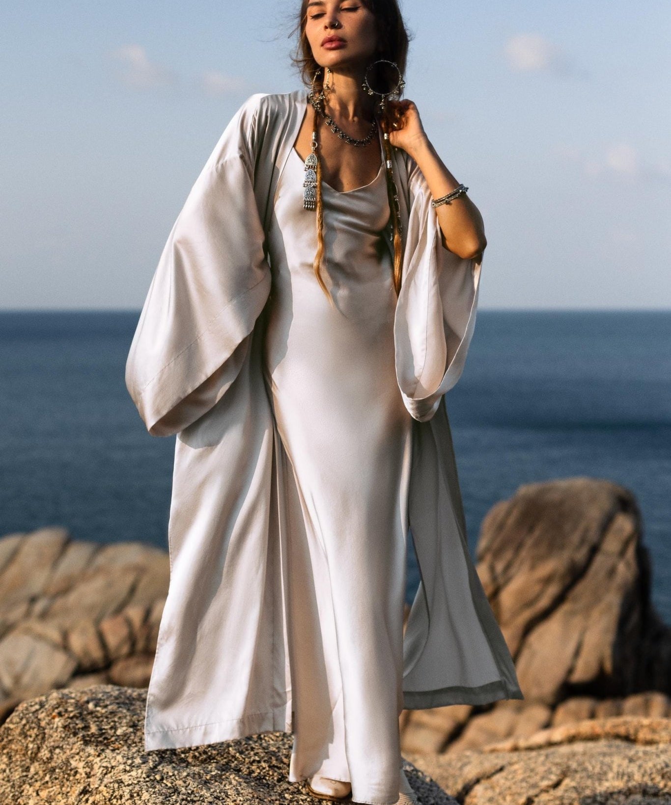 Mist Blue Ahimsa Peace Silk Long Robe Kimono, Floor - Length Maxi Boho Sustainable Fashion, Handmade Bali Ethical Wear - AYA Sacred Wear