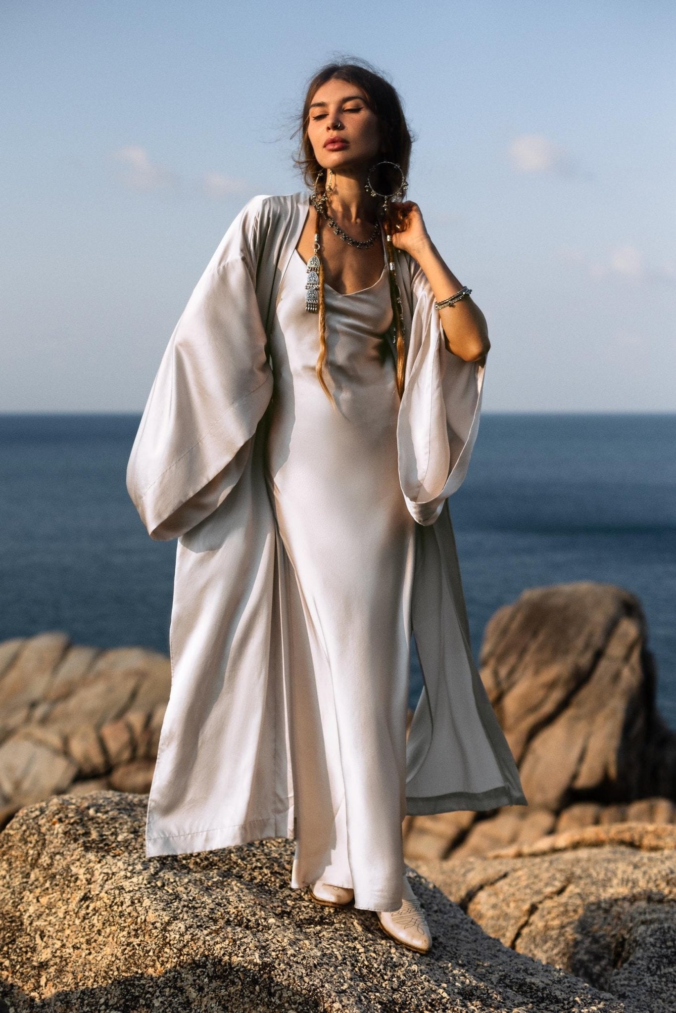 Mist Blue Ahimsa Peace Silk Long Robe Kimono, Floor - Length Maxi Boho Sustainable Fashion, Handmade Bali Ethical Wear - AYA Sacred Wear