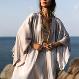 Mist Blue Ahimsa Peace Silk Long Robe Kimono, Floor - Length Maxi Boho Sustainable Fashion, Handmade Bali Ethical Wear - AYA Sacred Wear
