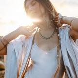 Mist Blue Ahimsa Peace Silk Long Robe Kimono, Floor - Length Maxi Boho Sustainable Fashion, Handmade Bali Ethical Wear - AYA Sacred Wear