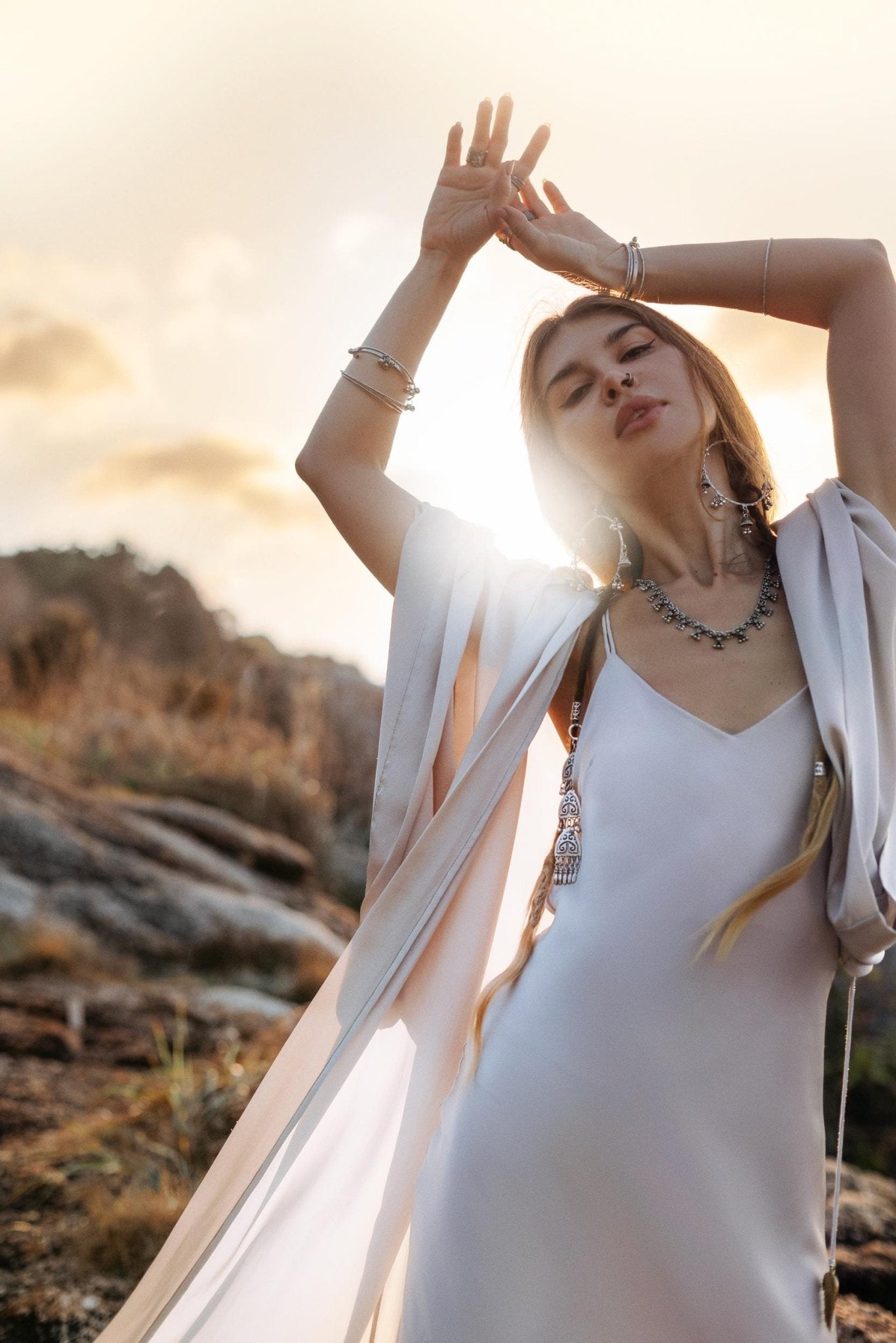 Mist Blue Ahimsa Peace Silk Long Robe Kimono, Floor - Length Maxi Boho Sustainable Fashion, Handmade Bali Ethical Wear - AYA Sacred Wear