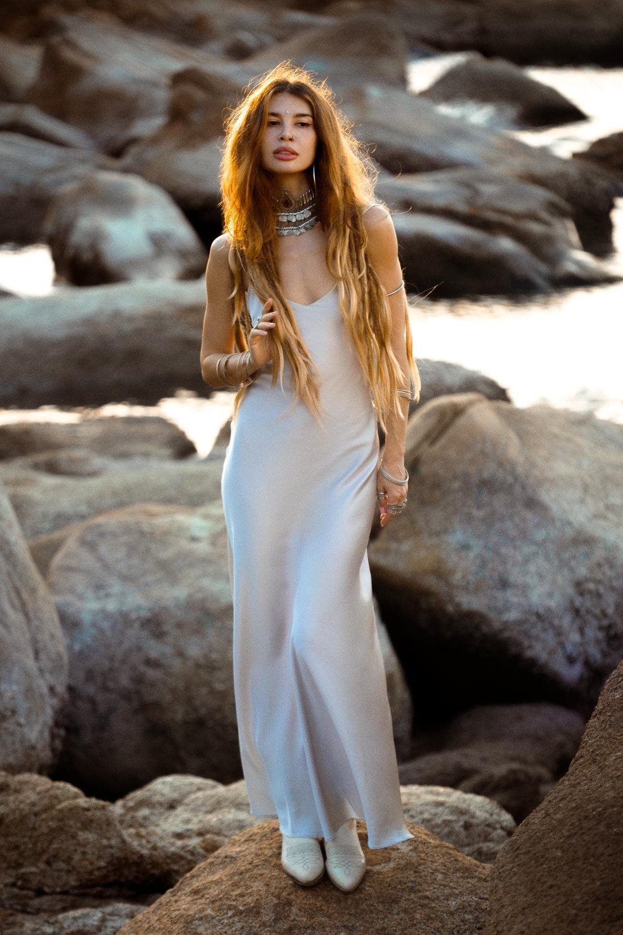 Mist Blue Peace Silk Maxi Slip Dress Organic Ahimsa Boho Bridal Gown Handmade Angel Wing Detail - AYA Sacred Wear