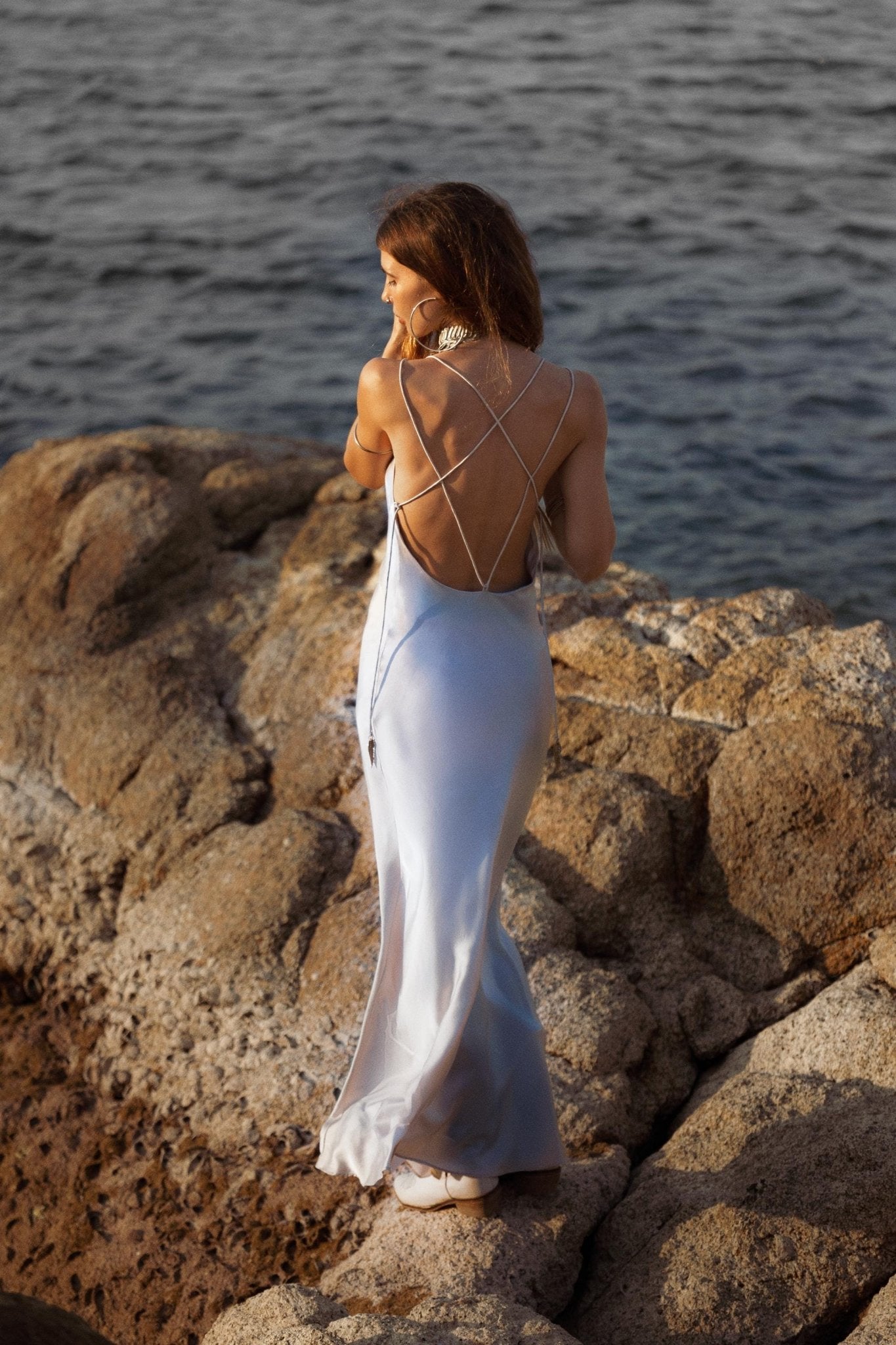 Mist Blue Peace Silk Maxi Slip Dress Organic Ahimsa Boho Bridal Gown Handmade Angel Wing Detail - AYA Sacred Wear