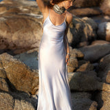 Mist Blue Peace Silk Maxi Slip Dress Organic Ahimsa Boho Bridal Gown Handmade Angel Wing Detail - AYA Sacred Wear