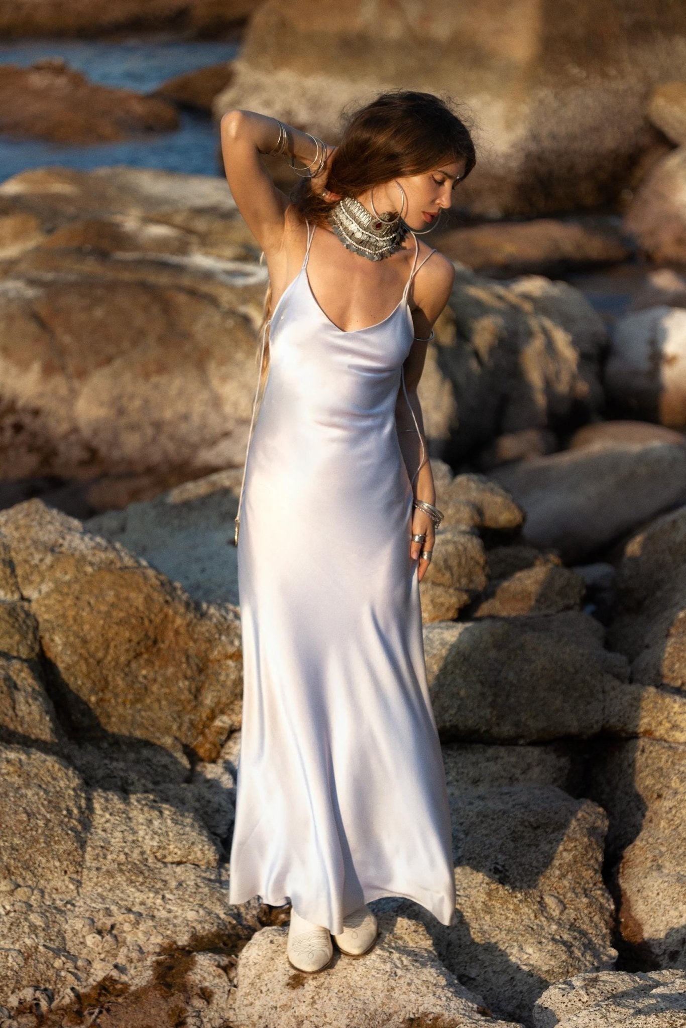 Mist Blue Peace Silk Maxi Slip Dress Organic Ahimsa Boho Bridal Gown Handmade Angel Wing Detail - AYA Sacred Wear