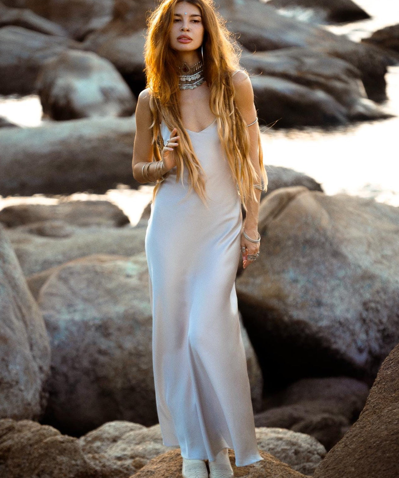 Mist Blue Peace Silk Maxi Slip Dress Organic Ahimsa Boho Bridal Gown Handmade Angel Wing Detail - AYA Sacred Wear
