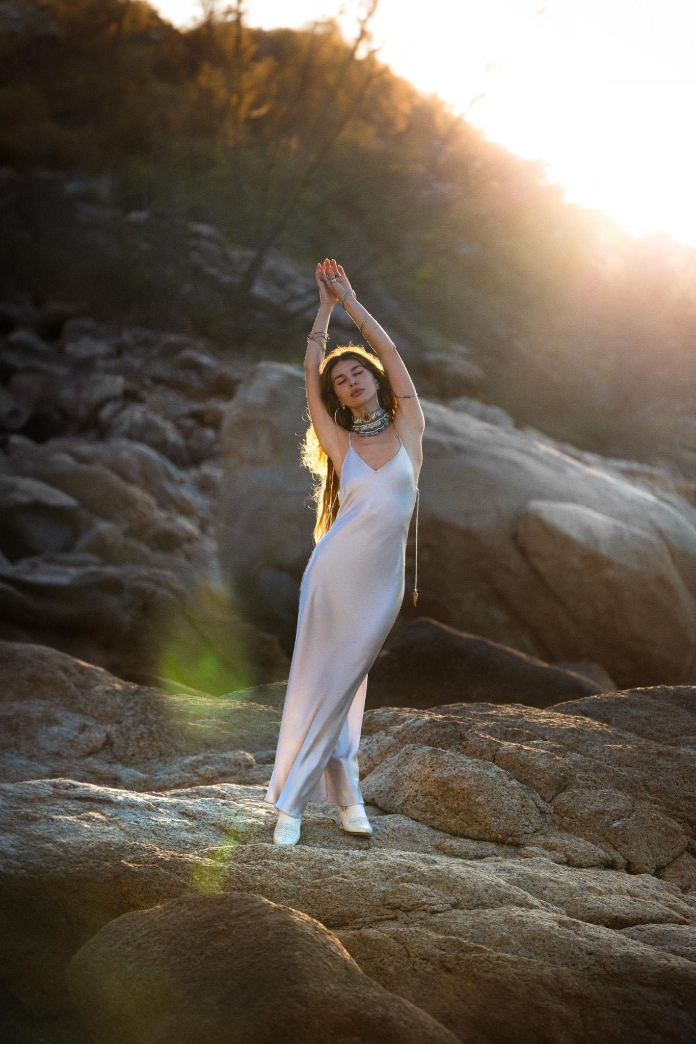 Mist Blue Peace Silk Maxi Slip Dress Organic Ahimsa Boho Bridal Gown Handmade Angel Wing Detail - AYA Sacred Wear