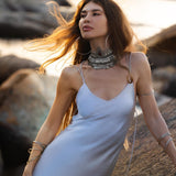 Mist Blue Peace Silk Maxi Slip Dress Organic Ahimsa Boho Bridal Gown Handmade Angel Wing Detail - AYA Sacred Wear