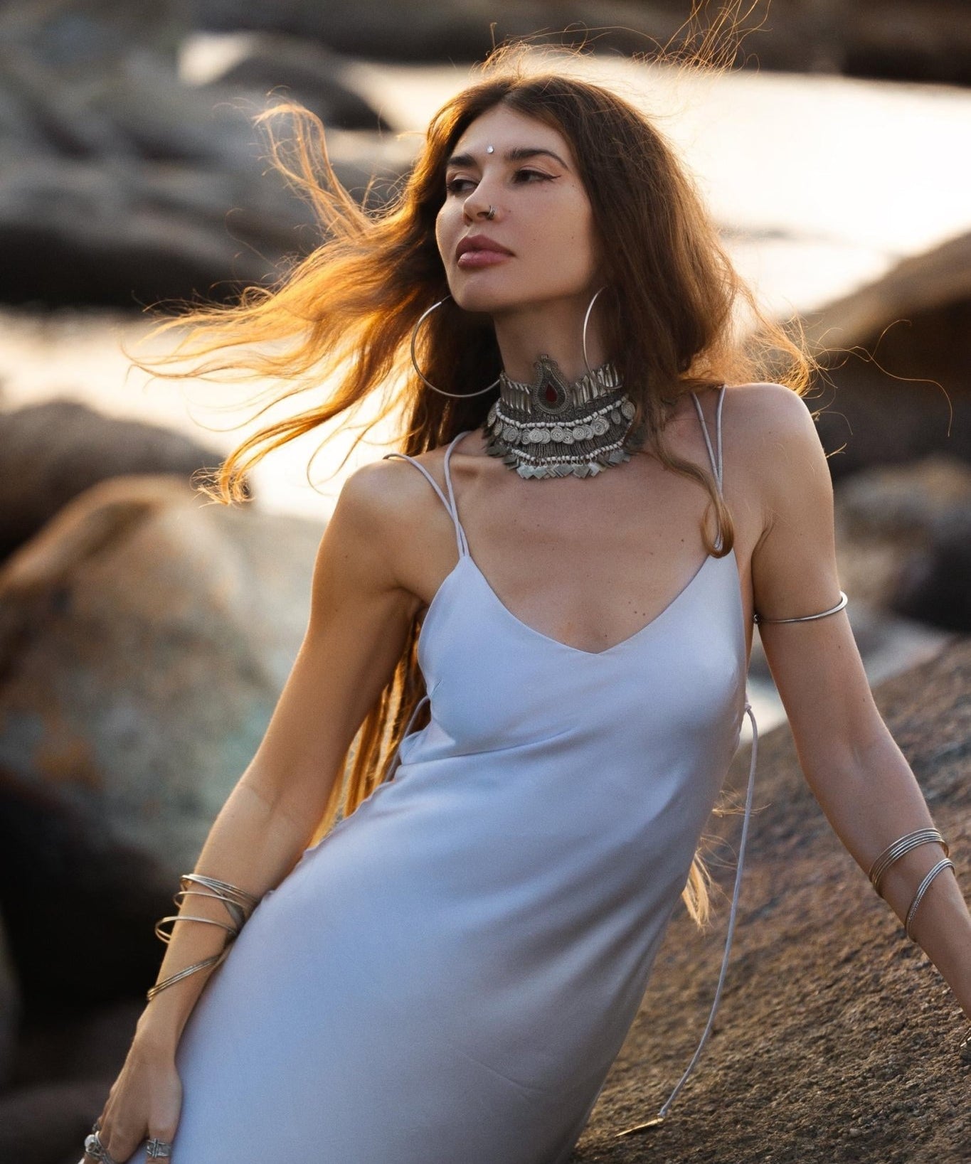 Mist Blue Peace Silk Maxi Slip Dress Organic Ahimsa Boho Bridal Gown Handmade Angel Wing Detail - AYA Sacred Wear