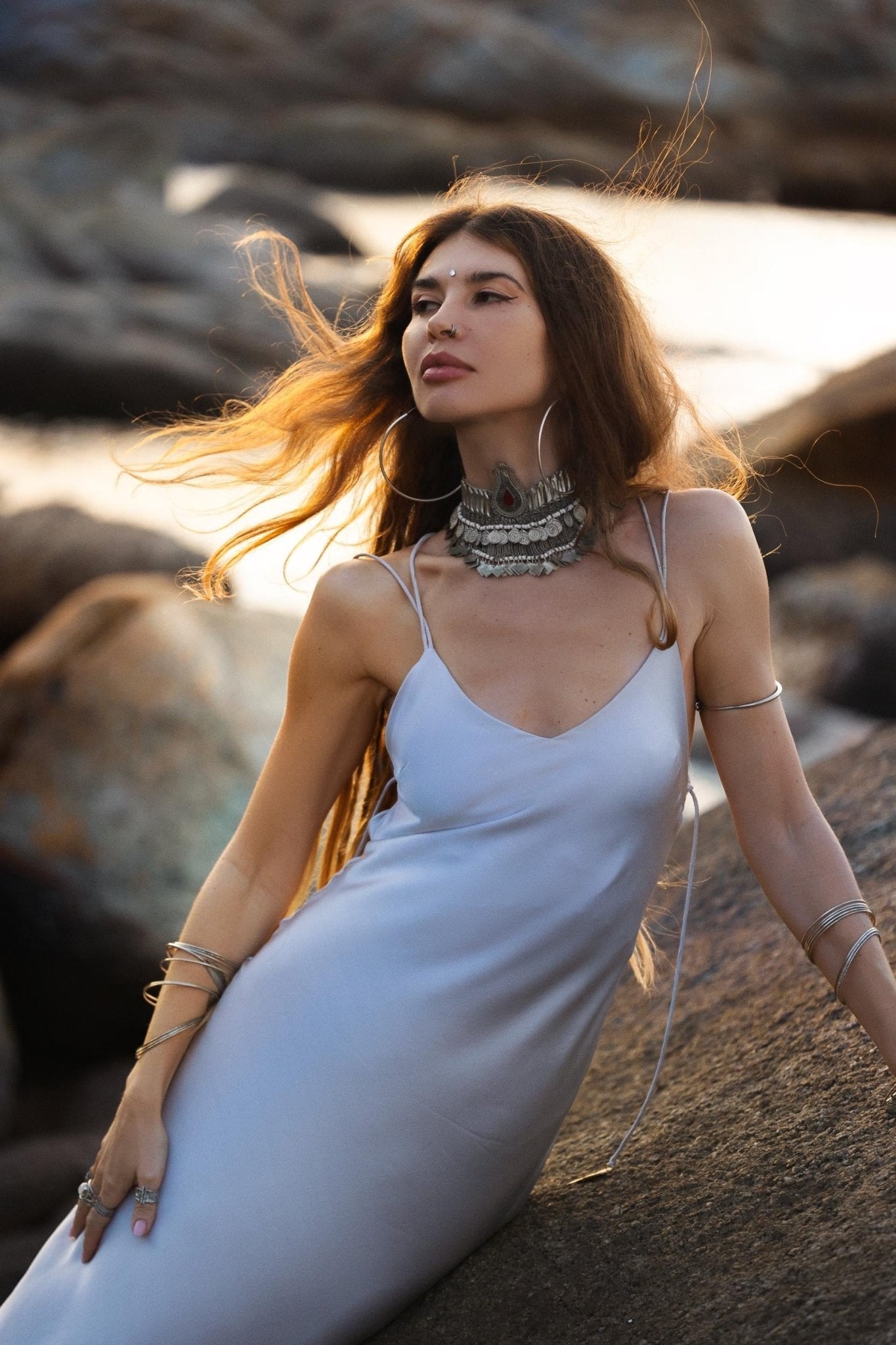 Mist Blue Peace Silk Maxi Slip Dress Organic Ahimsa Boho Bridal Gown Handmade Angel Wing Detail - AYA Sacred Wear