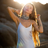 Mist Blue Peace Silk Maxi Slip Dress Organic Ahimsa Boho Bridal Gown Handmade Angel Wing Detail - AYA Sacred Wear