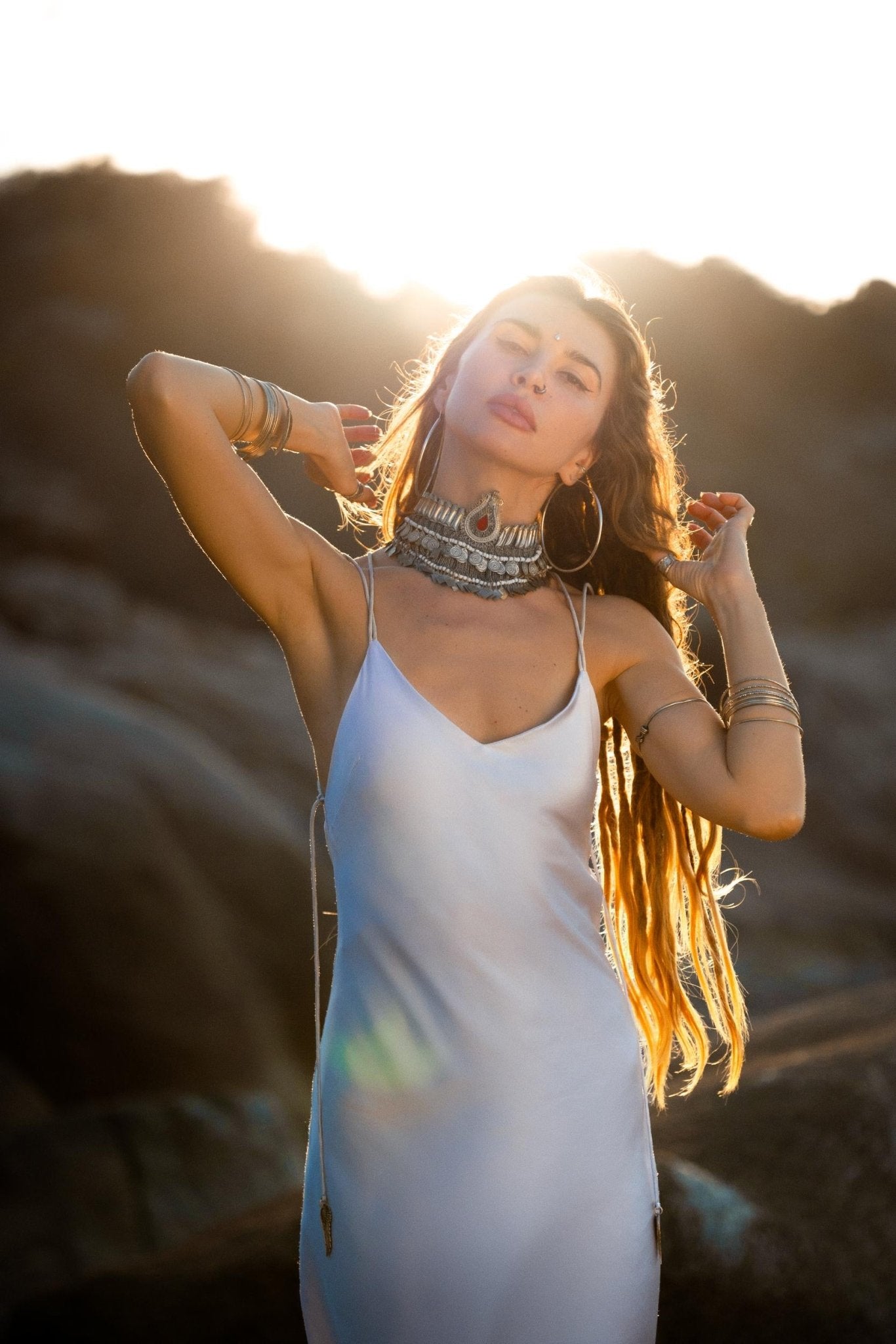 Mist Blue Peace Silk Maxi Slip Dress Organic Ahimsa Boho Bridal Gown Handmade Angel Wing Detail - AYA Sacred Wear