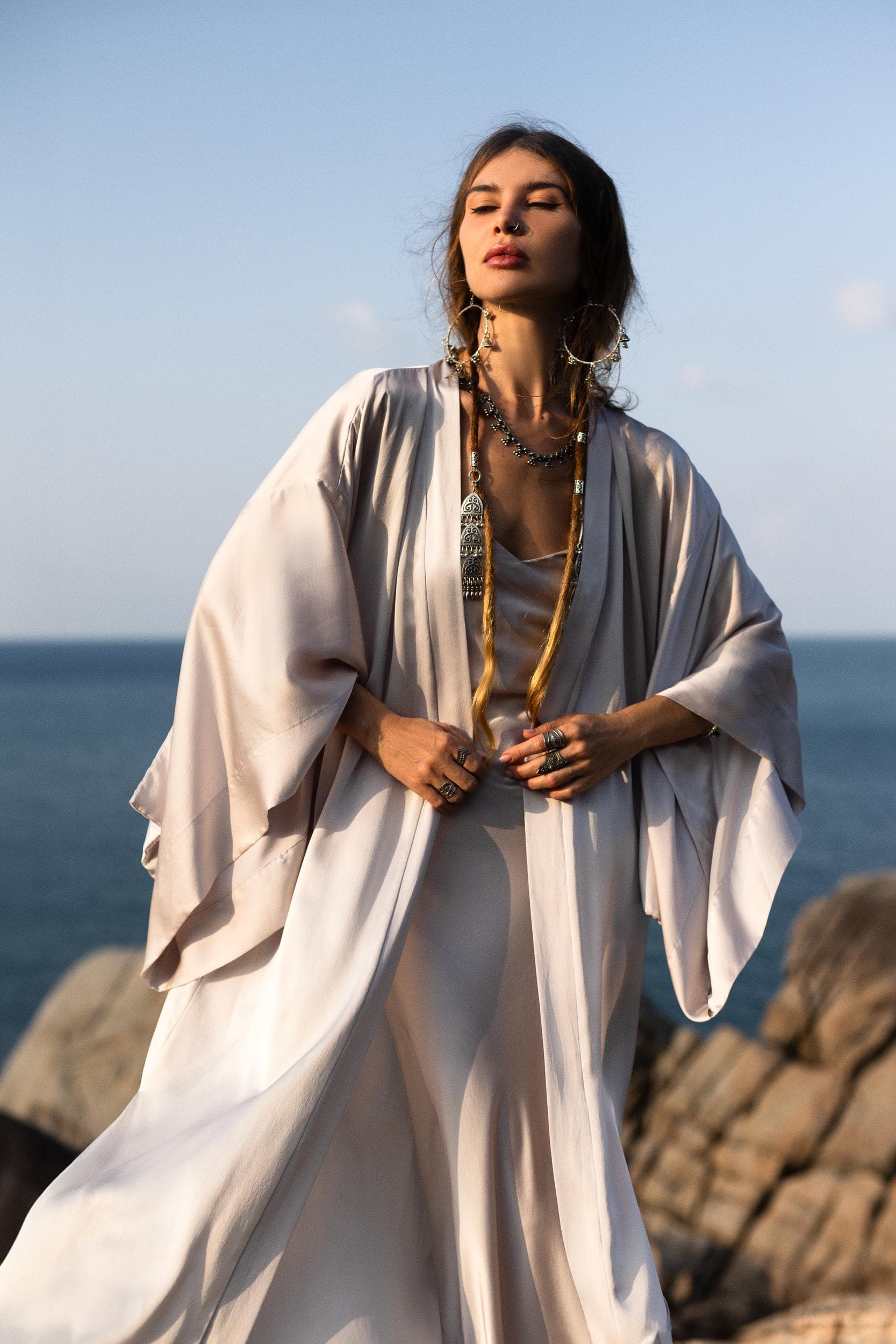Ethereal floor-length maxi silk robe in Mist Blue shade. Elegant bohemian wedding cover-up by AYA Sacred Wear