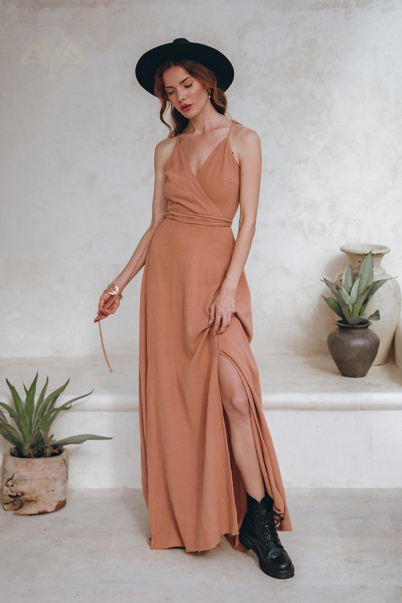 Dusty Pink Boho Bridesmaid Dress, Open Back Elegant Dress - AYA Sacred Wear