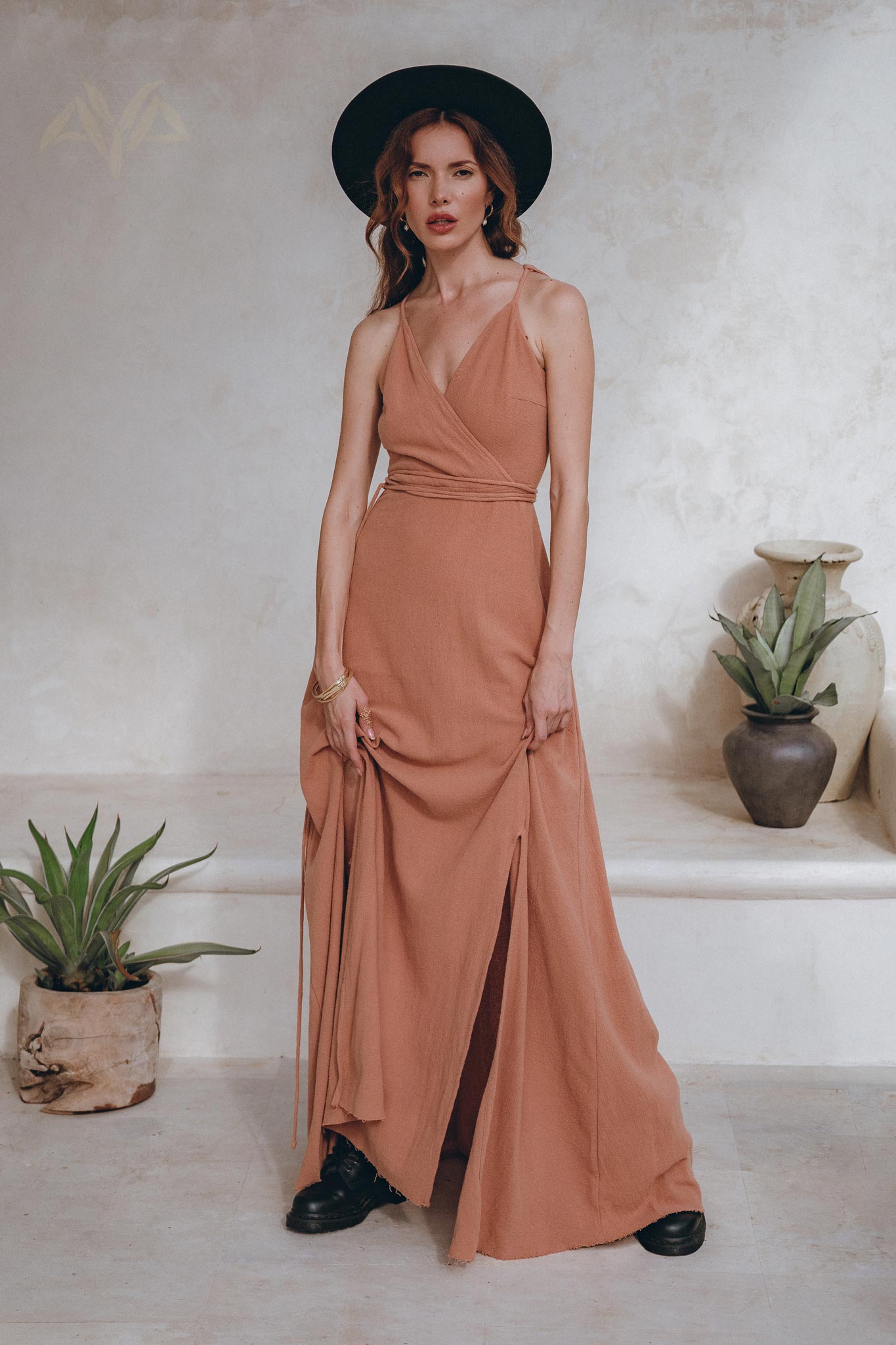 Dusty Pink Boho Bridesmaid Dress, Open Back Elegant Dress - AYA Sacred Wear