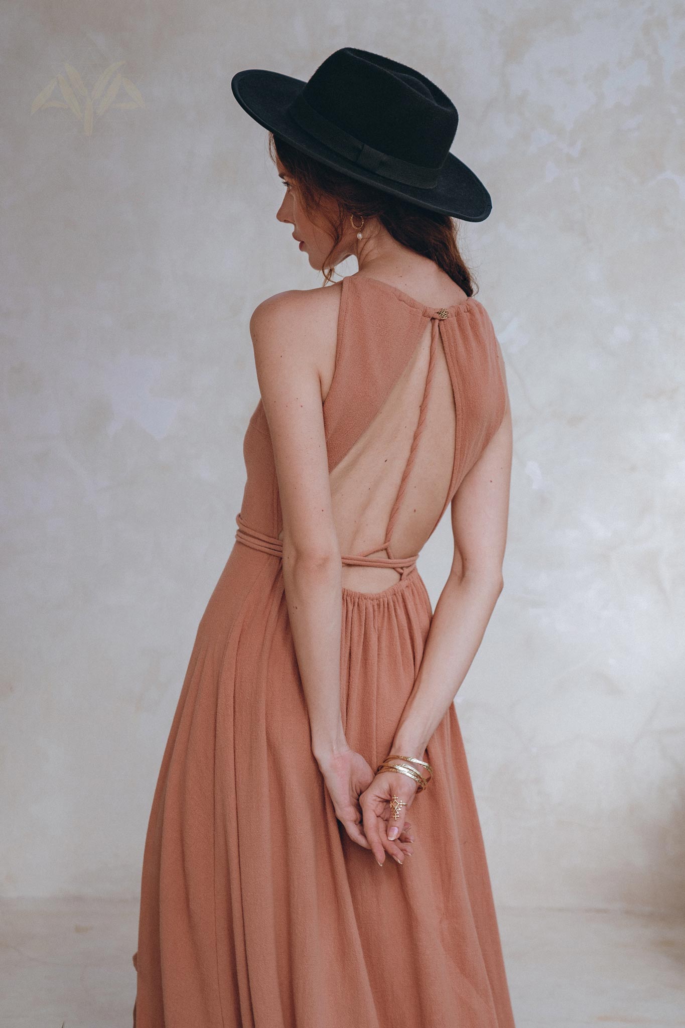 Dusty Pink Boho Bridesmaid Dress, Open Back Elegant Dress - AYA Sacred Wear