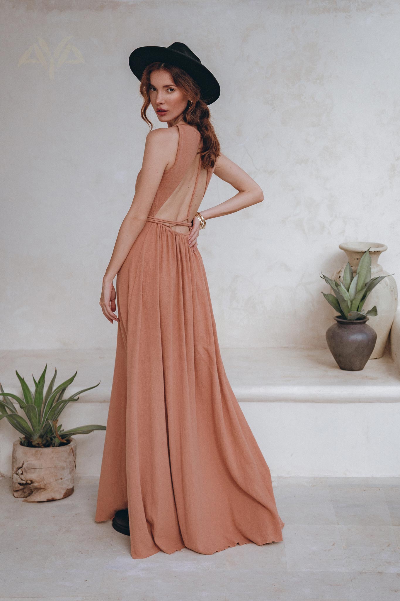 Dusty Pink Boho Bridesmaid Dress, Open Back Elegant Dress - AYA Sacred Wear