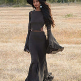 New Mandara Linen Maxi Dress Asphalt Grey , Long Sleeve Backless · Flowing Bohemian Silhouette - AYA Sacred Wear