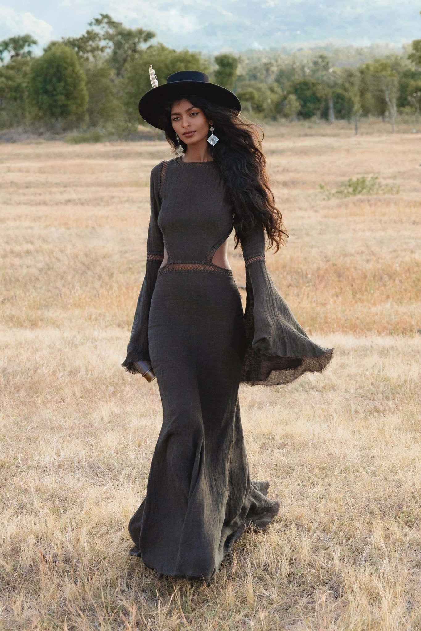 New Mandara Linen Maxi Dress Asphalt Grey , Long Sleeve Backless · Flowing Bohemian Silhouette - AYA Sacred Wear