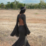 New Mandara Linen Maxi Dress Asphalt Grey , Long Sleeve Backless · Flowing Bohemian Silhouette - AYA Sacred Wear