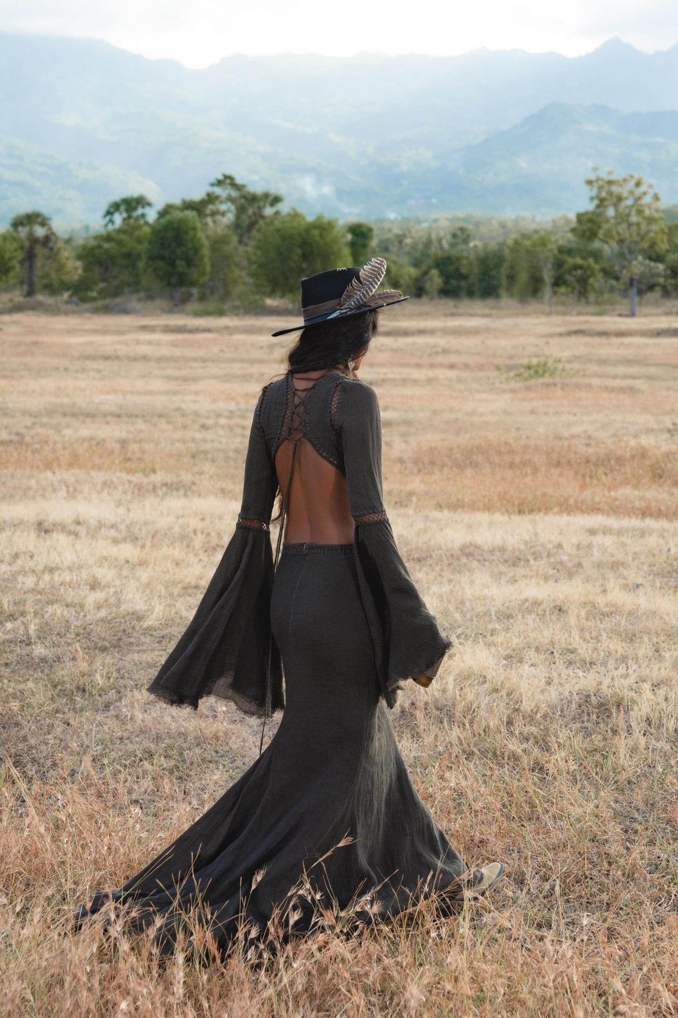 New Mandara Linen Maxi Dress Asphalt Grey , Long Sleeve Backless · Flowing Bohemian Silhouette - AYA Sacred Wear