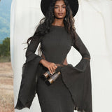 New Mandara Linen Maxi Dress Asphalt Grey , Long Sleeve Backless · Flowing Bohemian Silhouette - AYA Sacred Wear