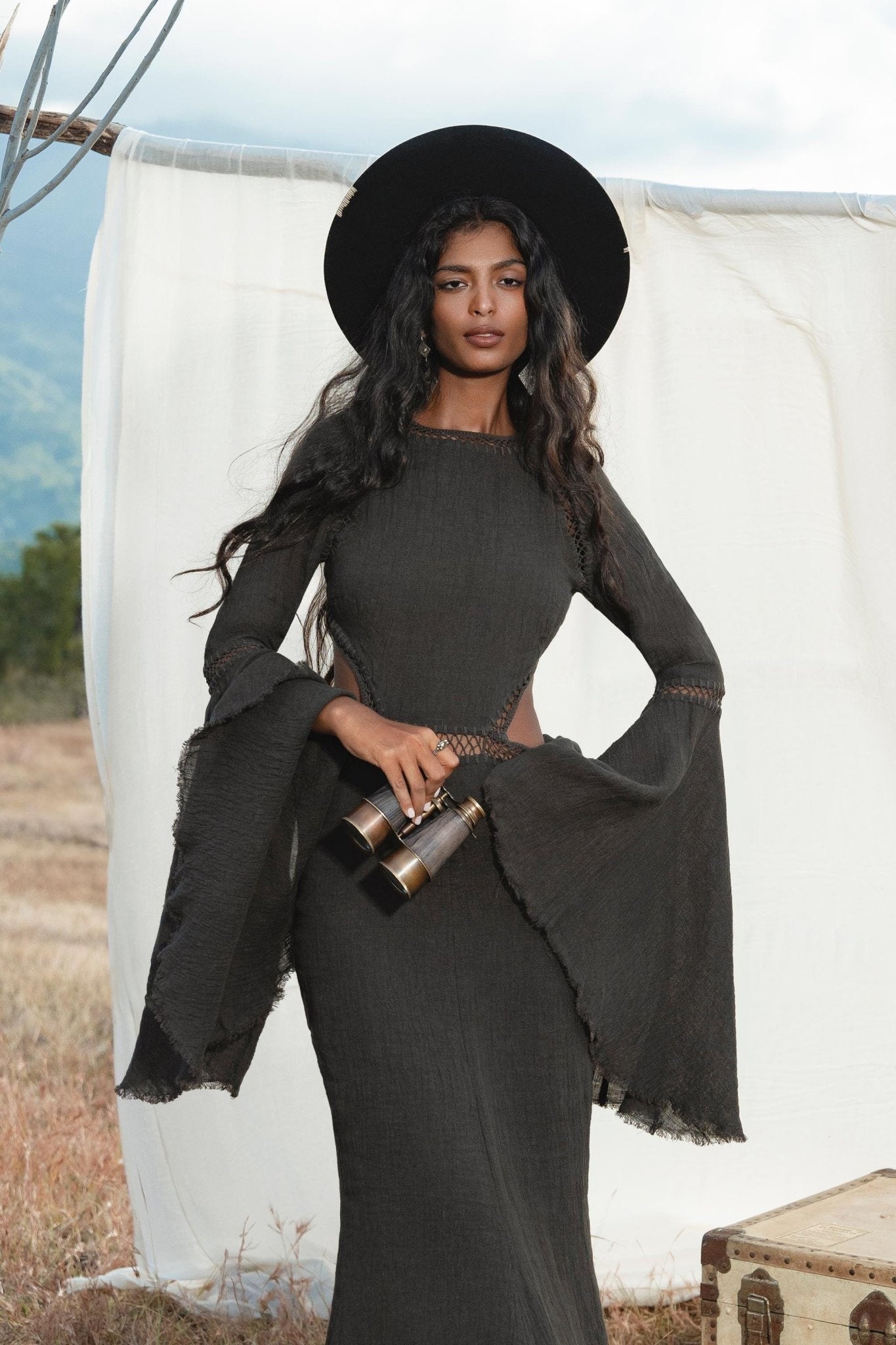 New Mandara Linen Maxi Dress Asphalt Grey , Long Sleeve Backless · Flowing Bohemian Silhouette - AYA Sacred Wear
