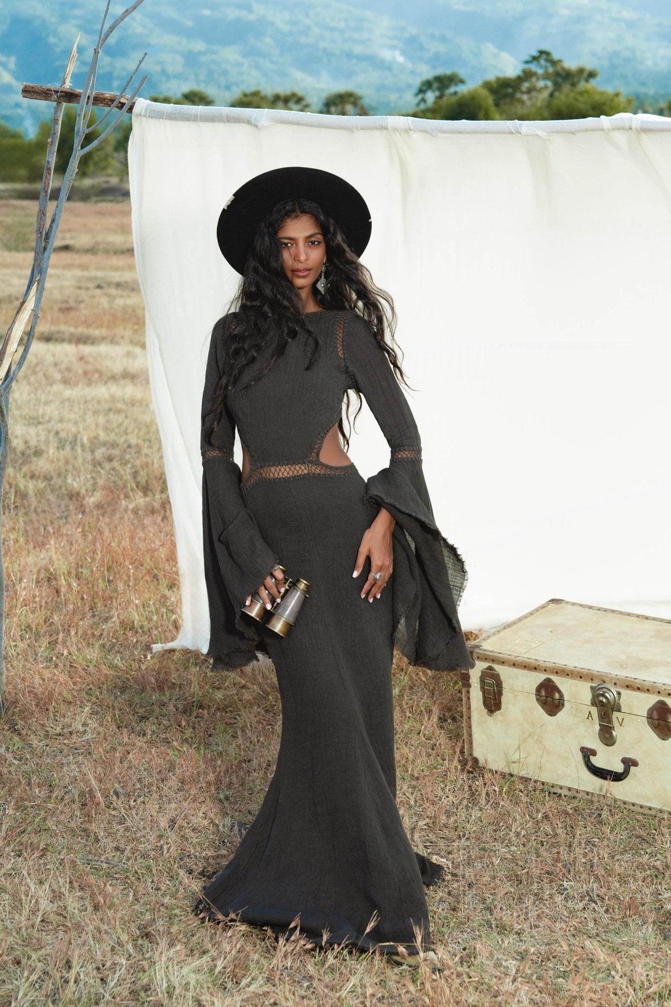 New Mandara Linen Maxi Dress Asphalt Grey , Long Sleeve Backless · Flowing Bohemian Silhouette - AYA Sacred Wear