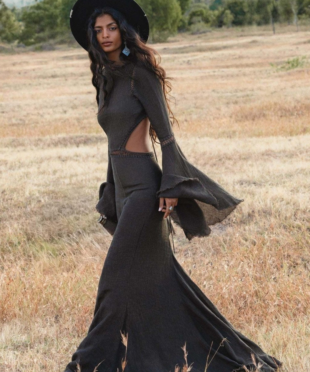 New Mandara Linen Maxi Dress Asphalt Grey , Long Sleeve Backless · Flowing Bohemian Silhouette - AYA Sacred Wear