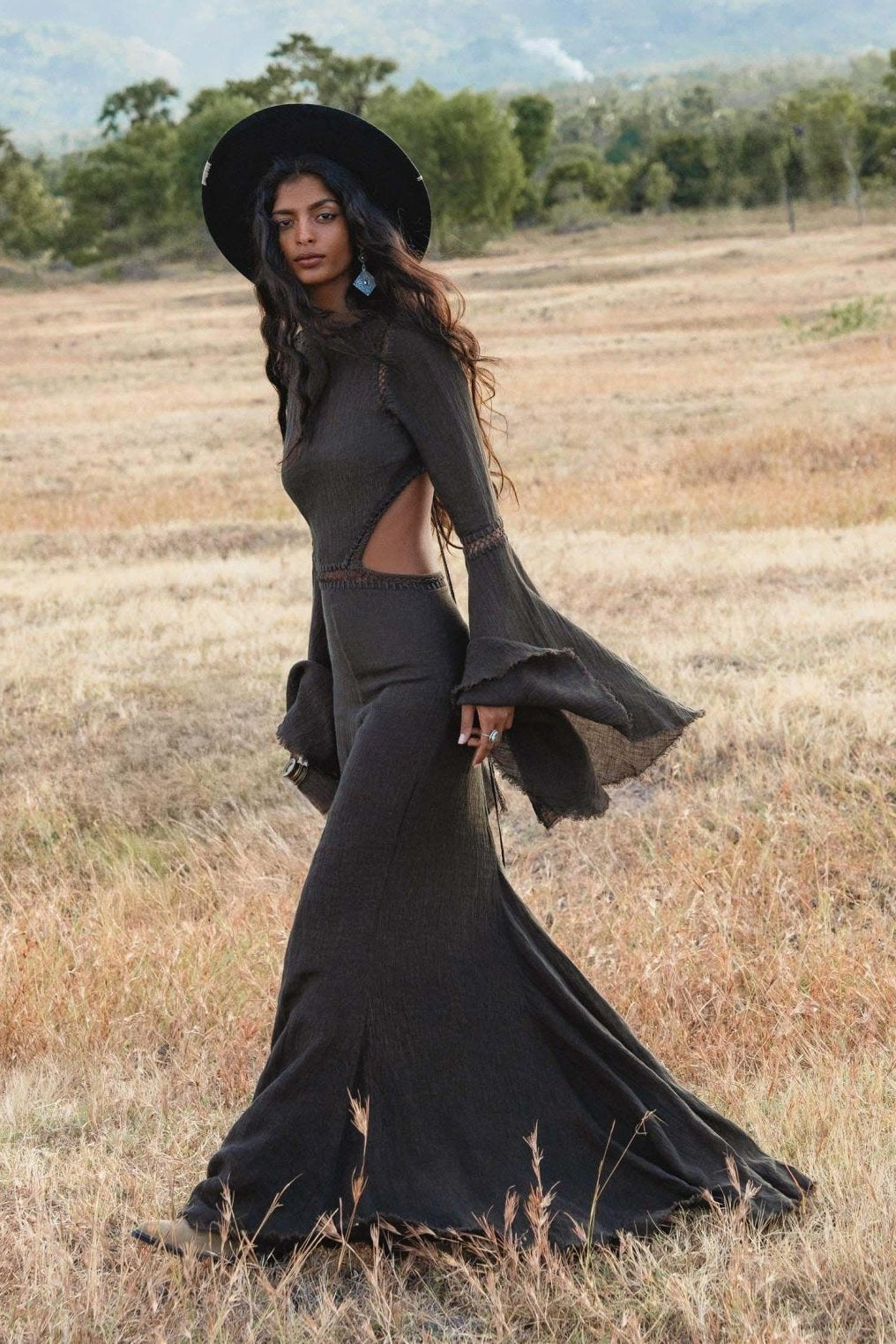 New Mandara Linen Maxi Dress Asphalt Grey , Long Sleeve Backless · Flowing Bohemian Silhouette - AYA Sacred Wear