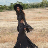 New Mandara Linen Maxi Dress Asphalt Grey , Long Sleeve Backless · Flowing Bohemian Silhouette - AYA Sacred Wear