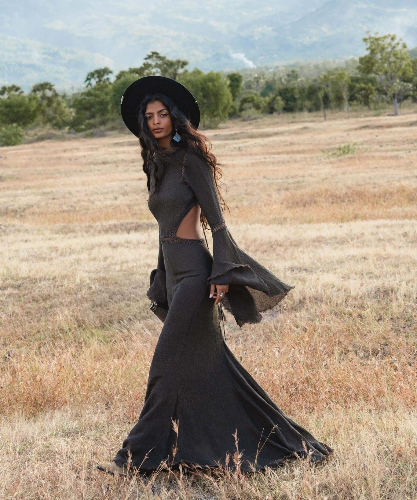 New Mandara Linen Maxi Dress Asphalt Grey , Long Sleeve Backless · Flowing Bohemian Silhouette - AYA Sacred Wear