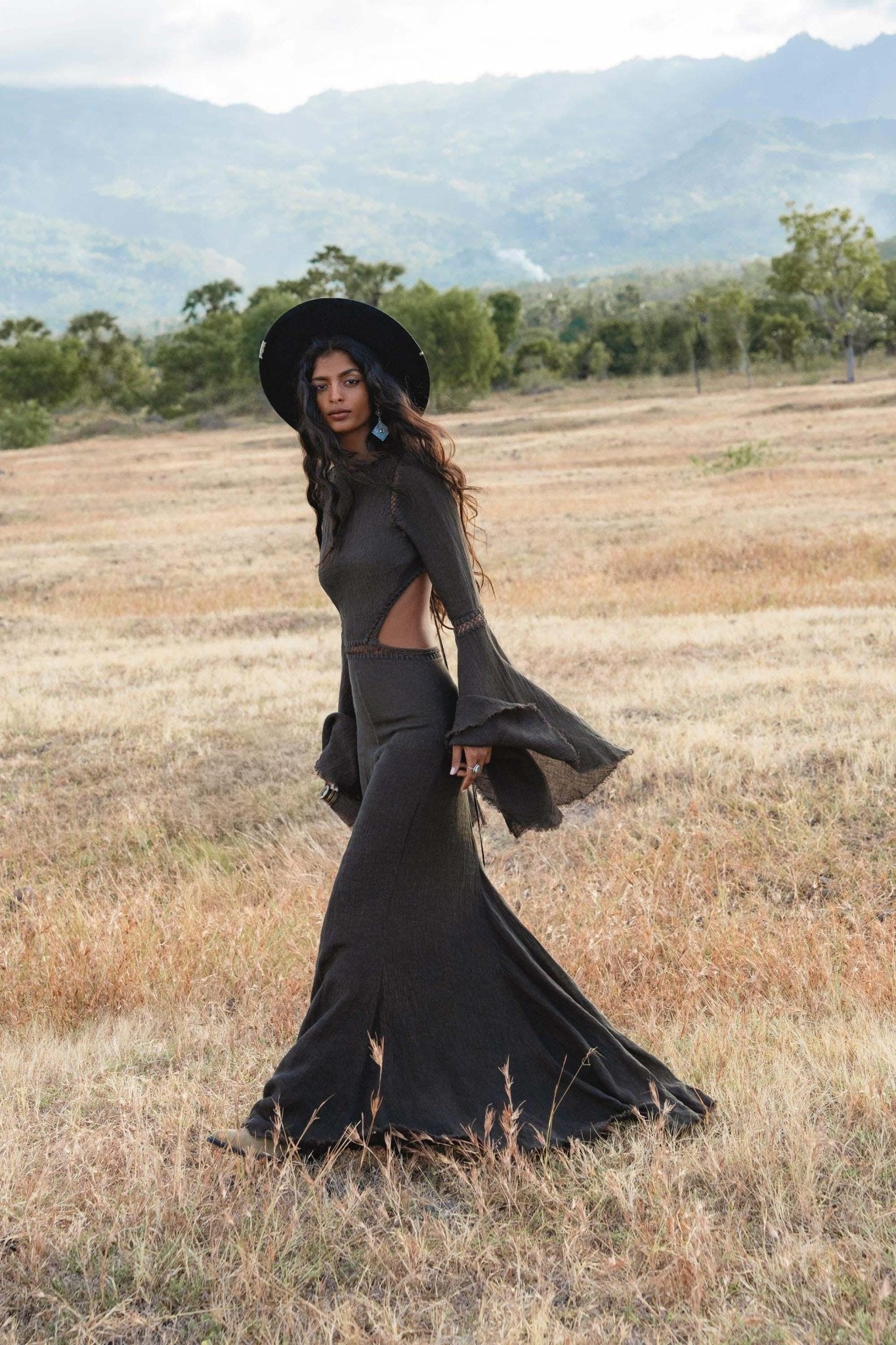 New Mandara Linen Maxi Dress Asphalt Grey , Long Sleeve Backless · Flowing Bohemian Silhouette - AYA Sacred Wear