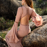 New Mandara Linen Maxi Dress Desert Rose Clay , Long Sleeve Backless · Flowing Bohemian Silhouette - AYA Sacred Wear