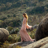 New Mandara Linen Maxi Dress Desert Rose Clay , Long Sleeve Backless · Flowing Bohemian Silhouette - AYA Sacred Wear