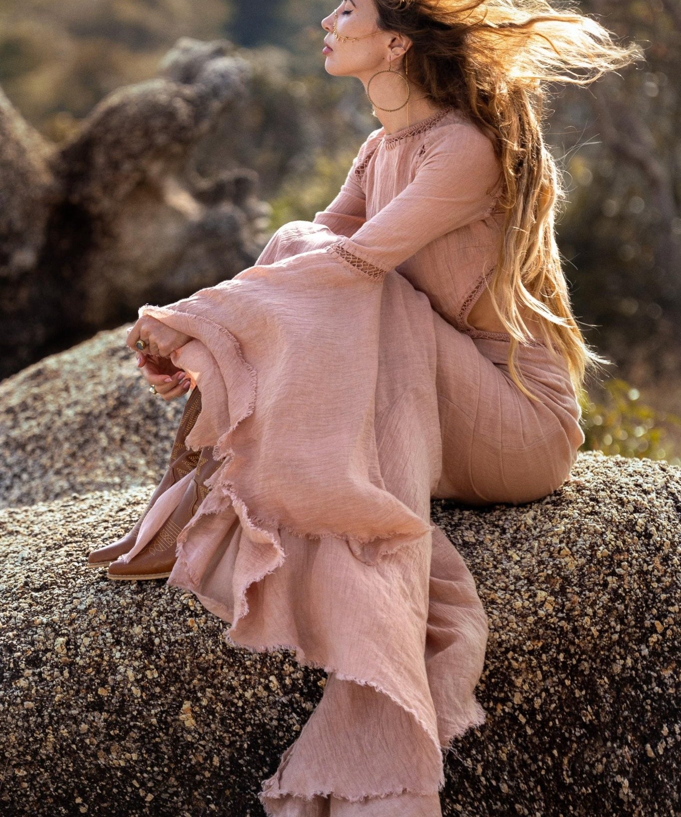 New Mandara Linen Maxi Dress Desert Rose Clay , Long Sleeve Backless · Flowing Bohemian Silhouette - AYA Sacred Wear