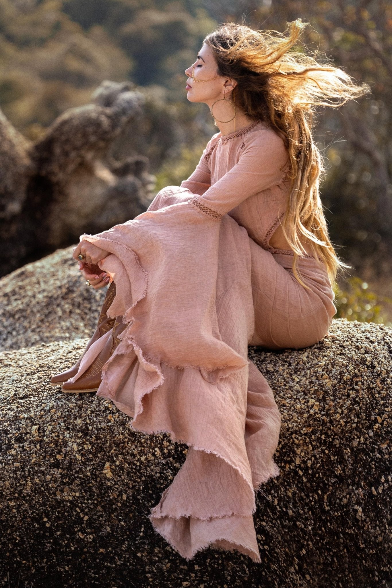 New Mandara Linen Maxi Dress Desert Rose Clay , Long Sleeve Backless · Flowing Bohemian Silhouette - AYA Sacred Wear