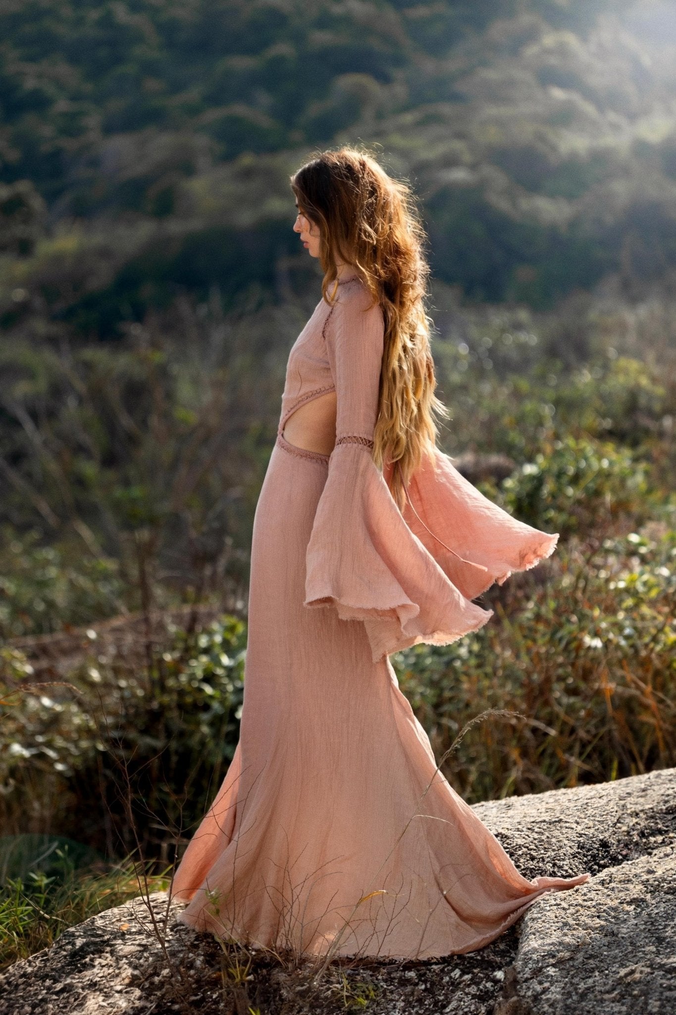 New Mandara Linen Maxi Dress Desert Rose Clay , Long Sleeve Backless · Flowing Bohemian Silhouette - AYA Sacred Wear