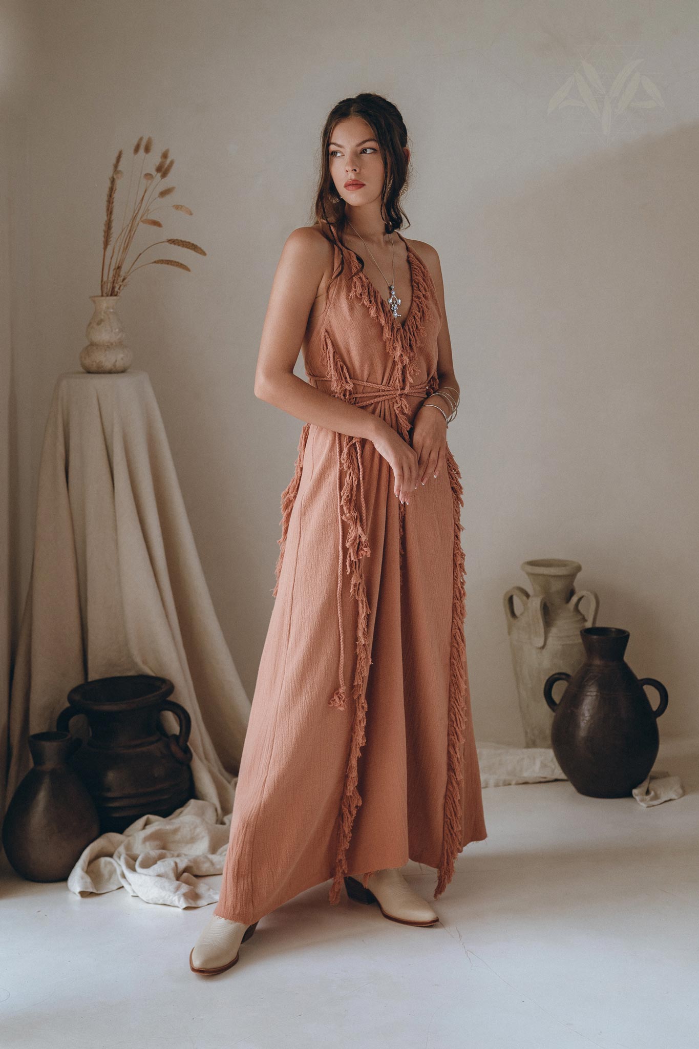 Dusty Rose Organic Boho Dress with Hand Loomed Tassels - AYA Sacred Wear