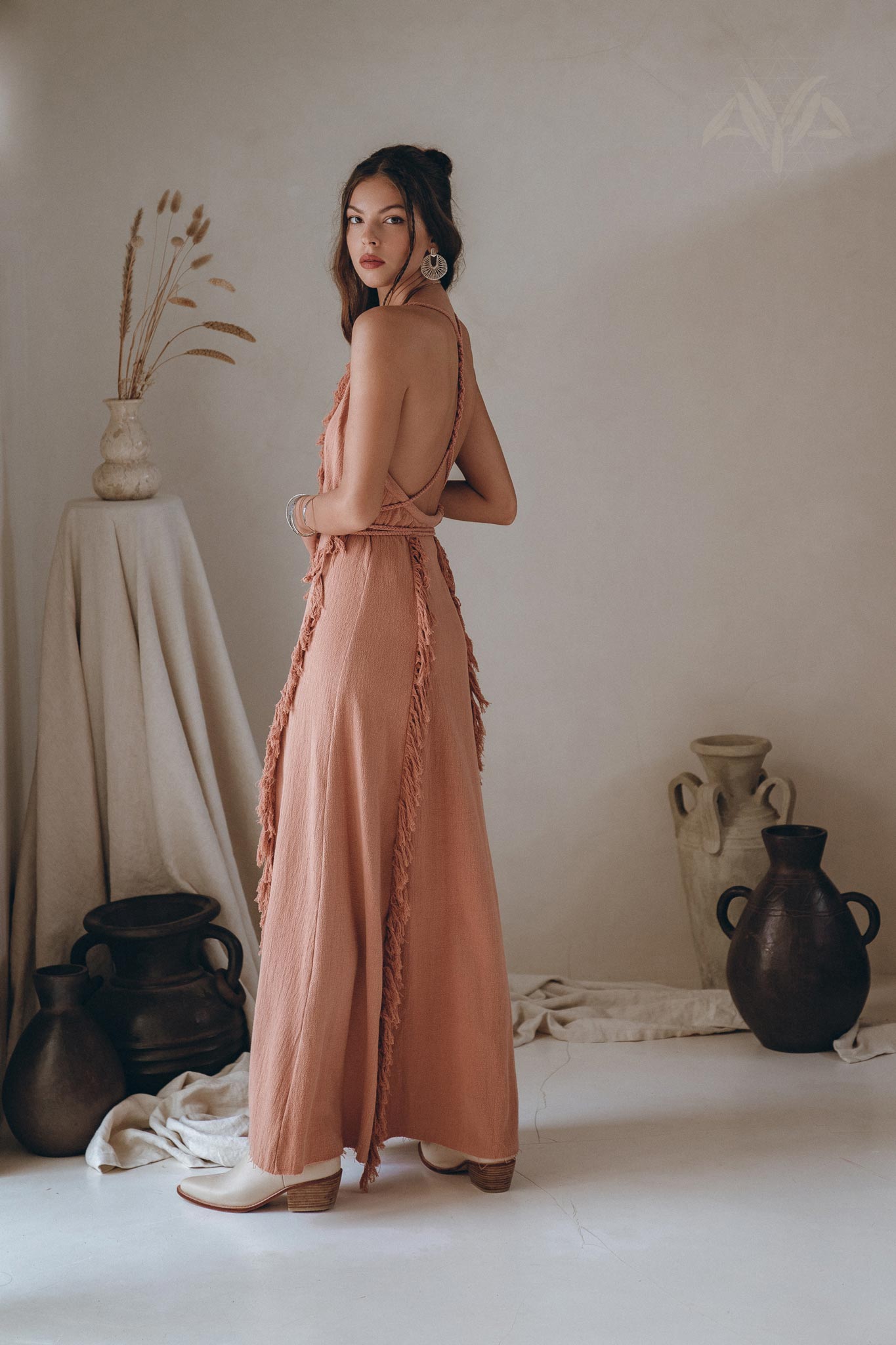 Dusty Rose Organic Boho Dress with Hand Loomed Tassels - AYA Sacred Wear