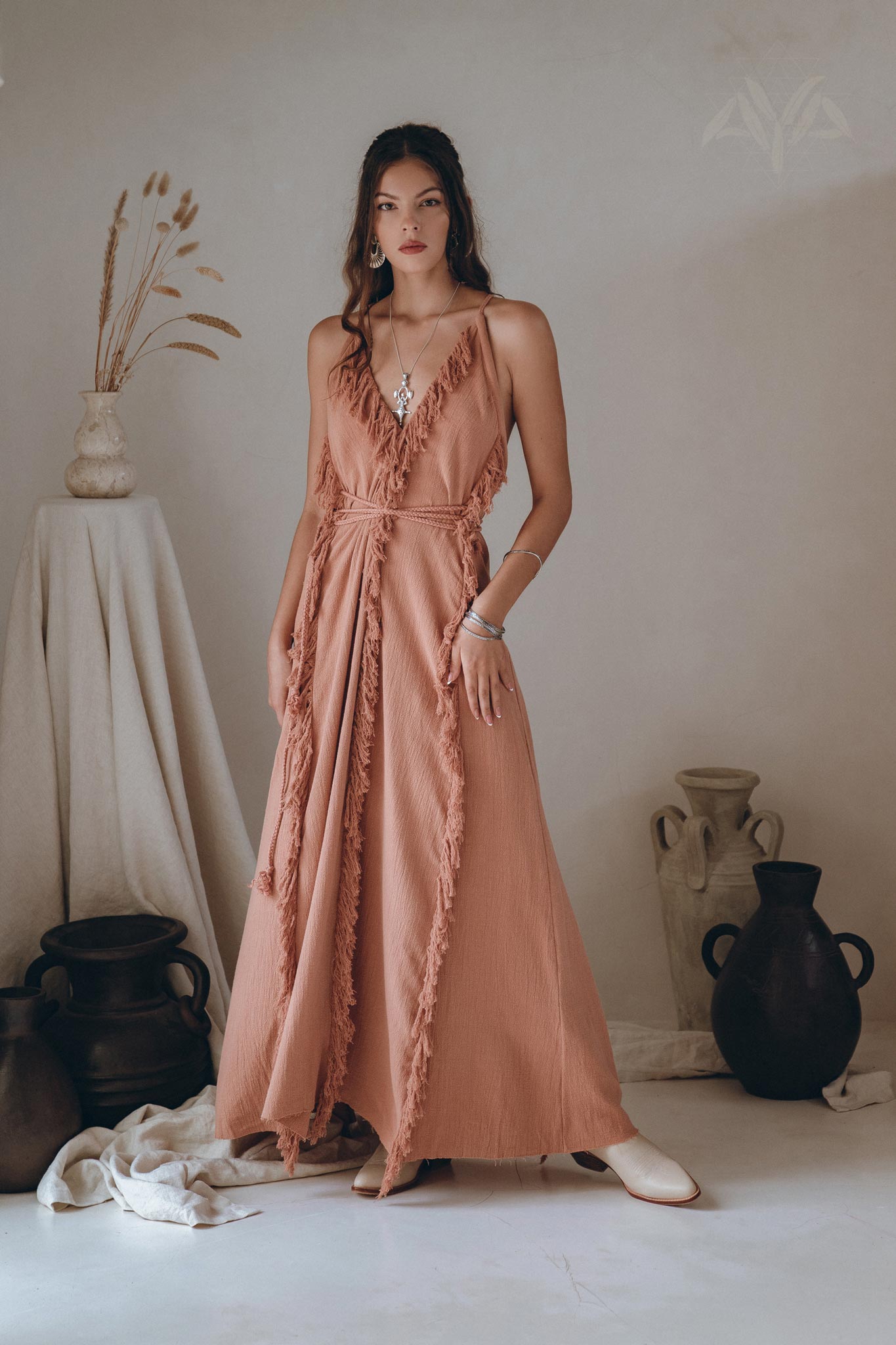 Dusty Rose Organic Boho Dress with Hand Loomed Tassels - AYA Sacred Wear