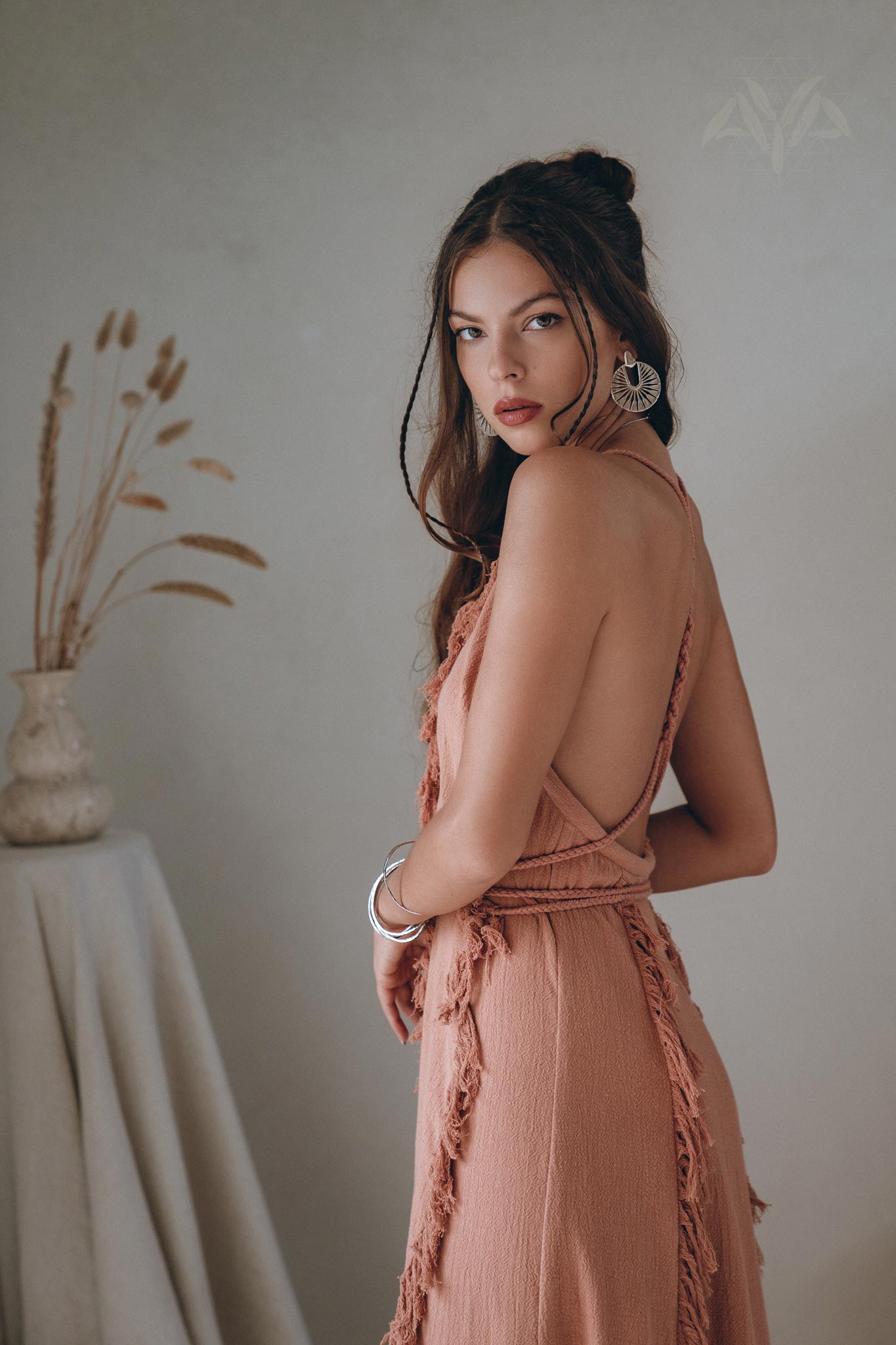 Dusty Rose Organic Boho Dress with Hand Loomed Tassels - AYA Sacred Wear