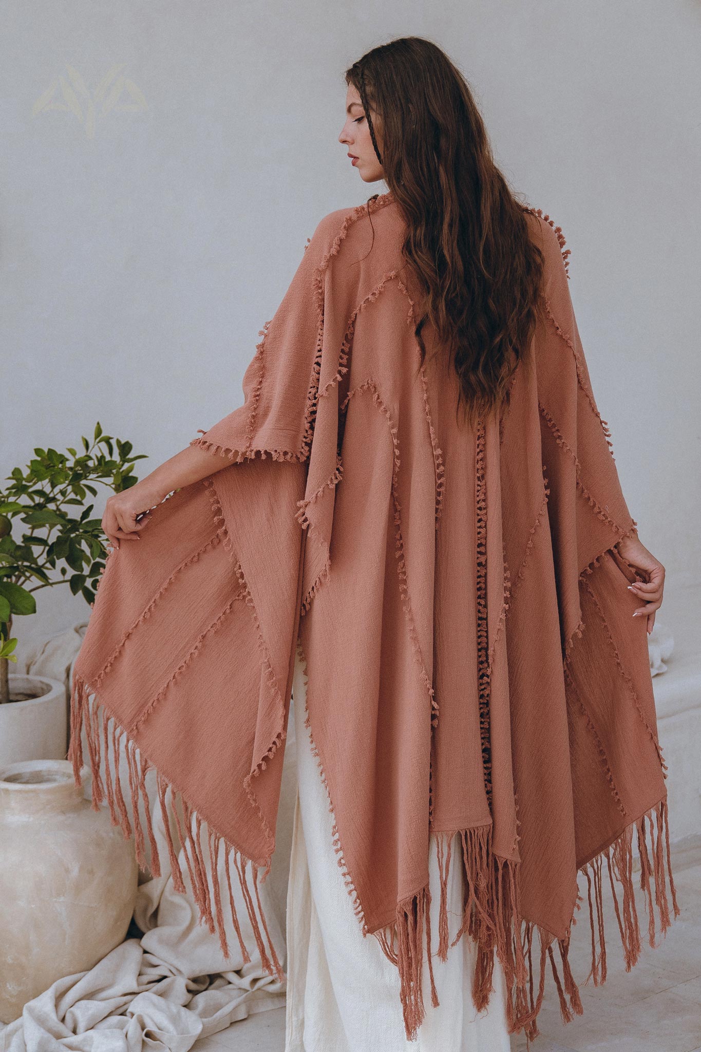 Dusty Pink Poncho Robe, Bridal Cover Up Women, Bohemian Kimono Overcoat - AYA Sacred Wear