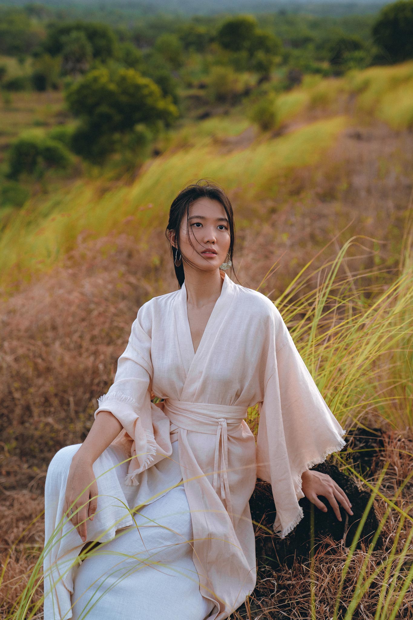 Linen Cardigan Women, Light Pink Overcoat, Linen Wrap Cardigan with Belt - AYA Sacred Wear