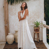 Off-White Boho Open Back Simple Wedding Dress with Hand Loomed Tassels - AYA Sacred Wear