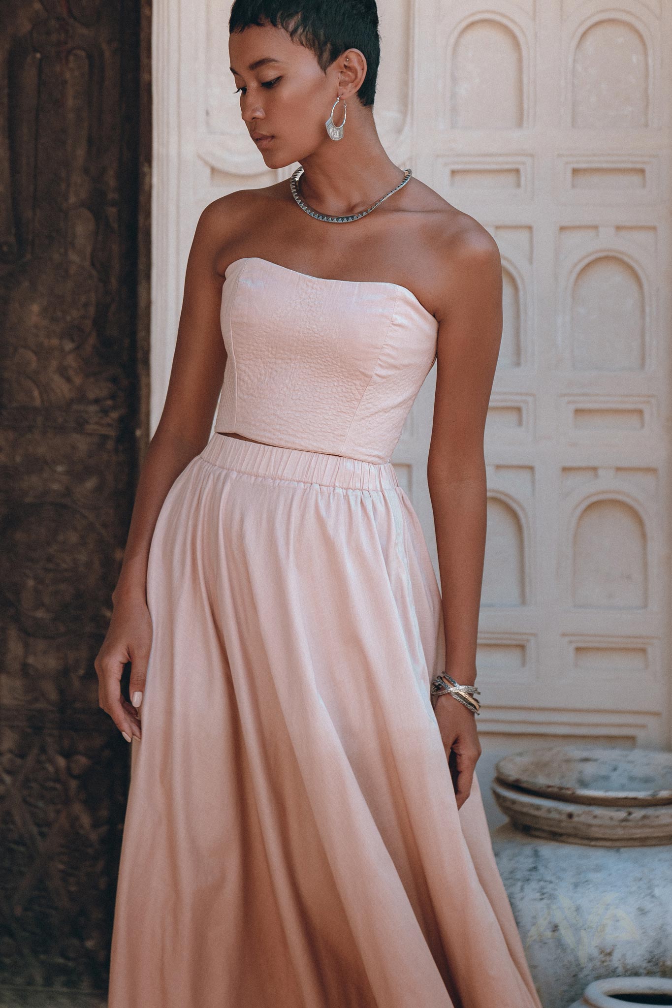 Boho Corset and Skirt for Women, Baby Pink Bustier Top and Maxi Skirt - AYA Sacred Wear