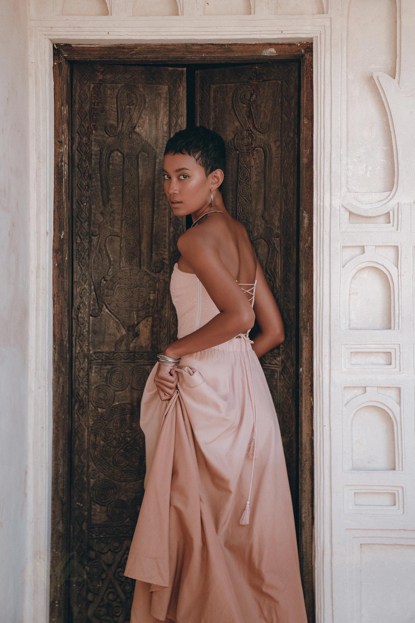 Boho Corset and Skirt for Women, Baby Pink Bustier Top and Maxi Skirt - AYA Sacred Wear