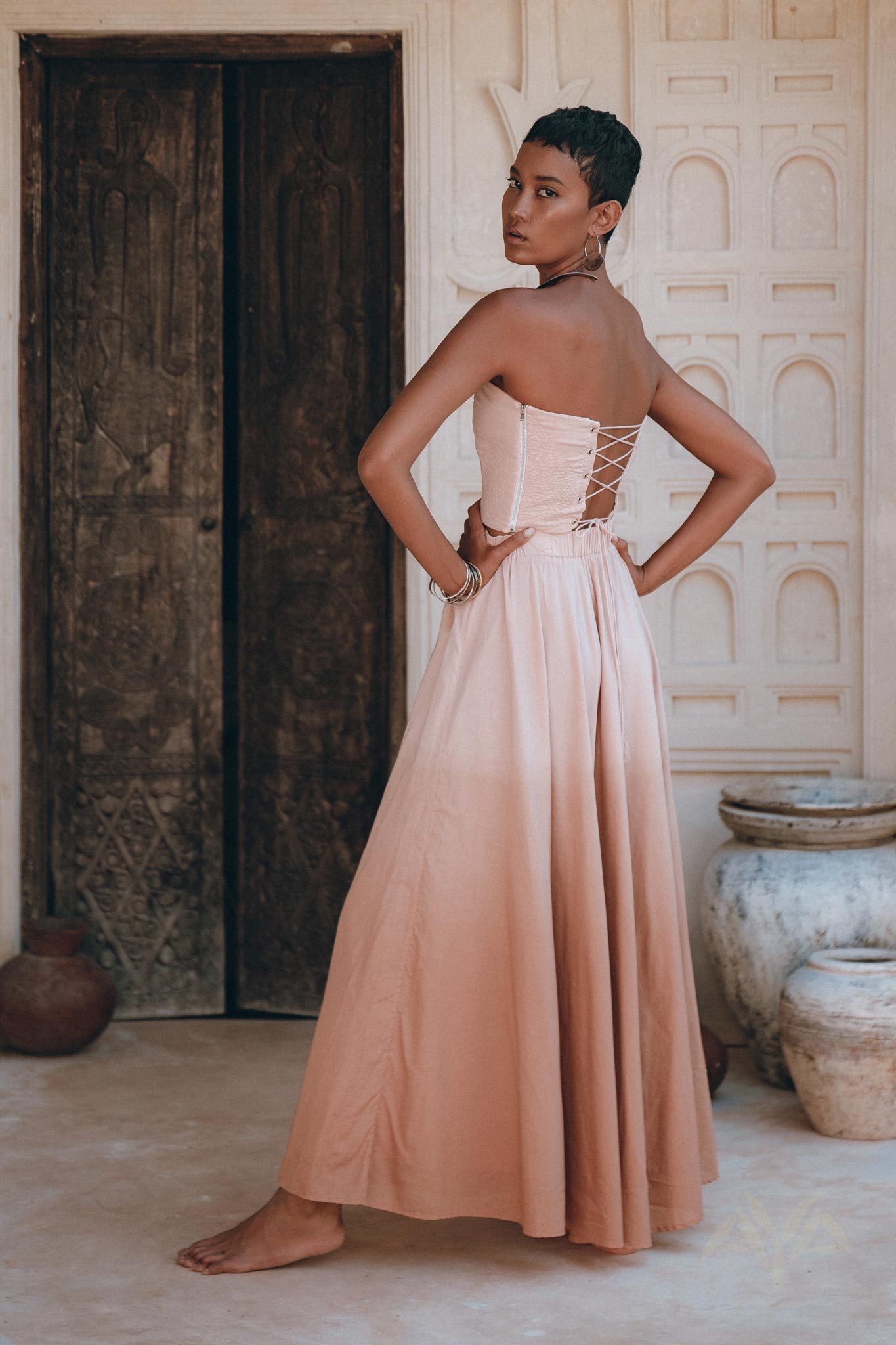 Boho Corset and Skirt for Women, Baby Pink Bustier Top and Maxi Skirt - AYA Sacred Wear